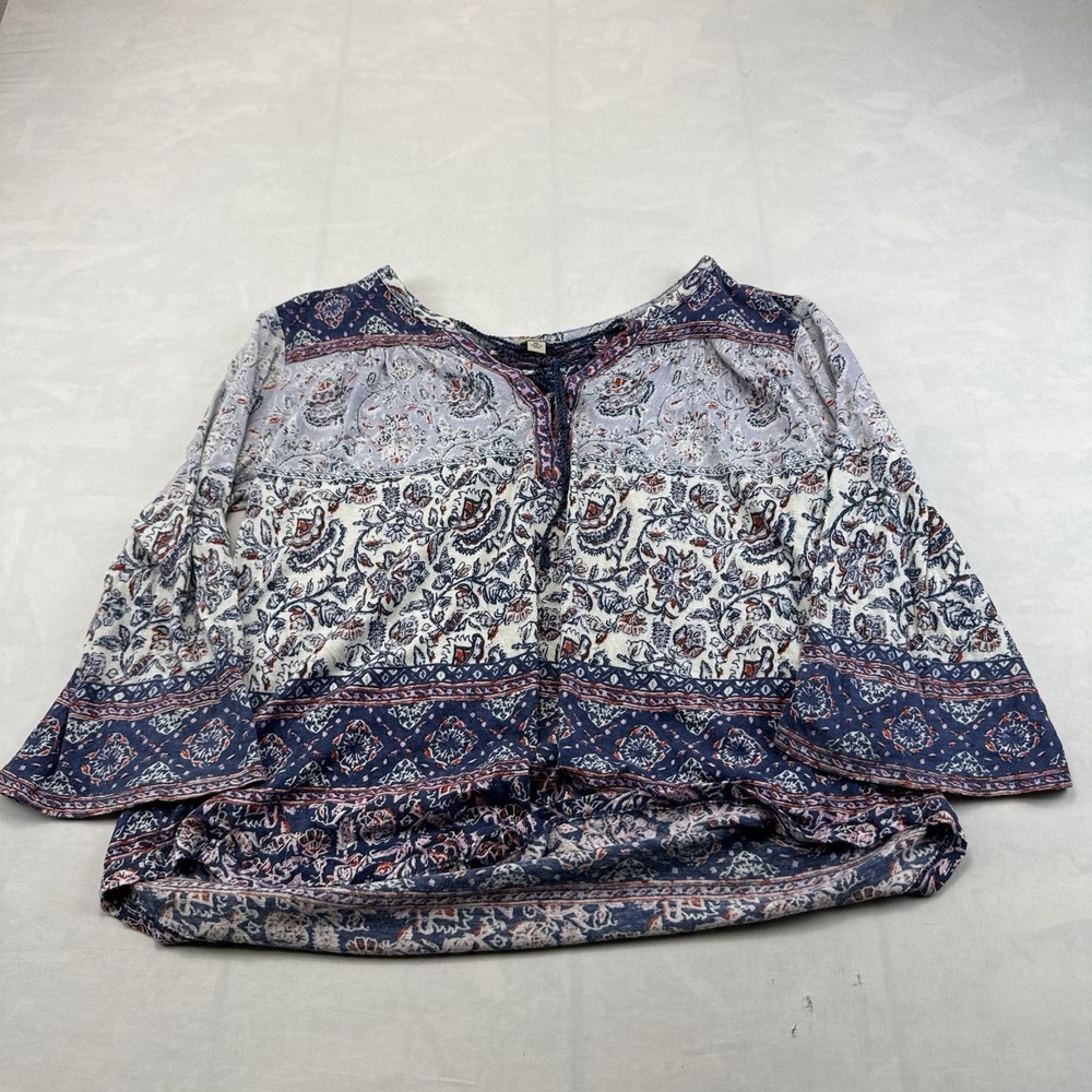 Lucky Brand Women's XL Blue Paisley Floral Print Boho Long Sleeve Peasant Blouse